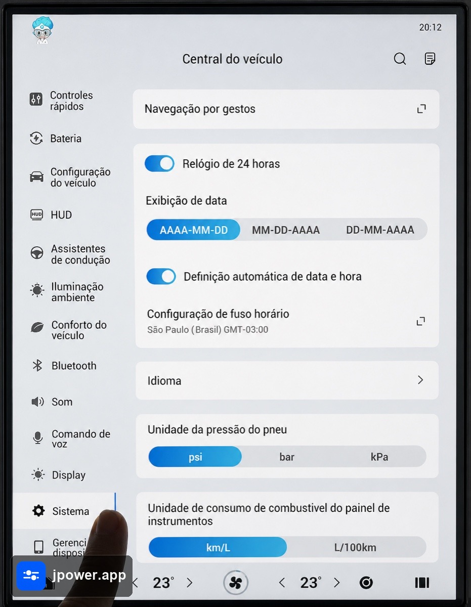 Tela da central com a opção Sistema indicada
