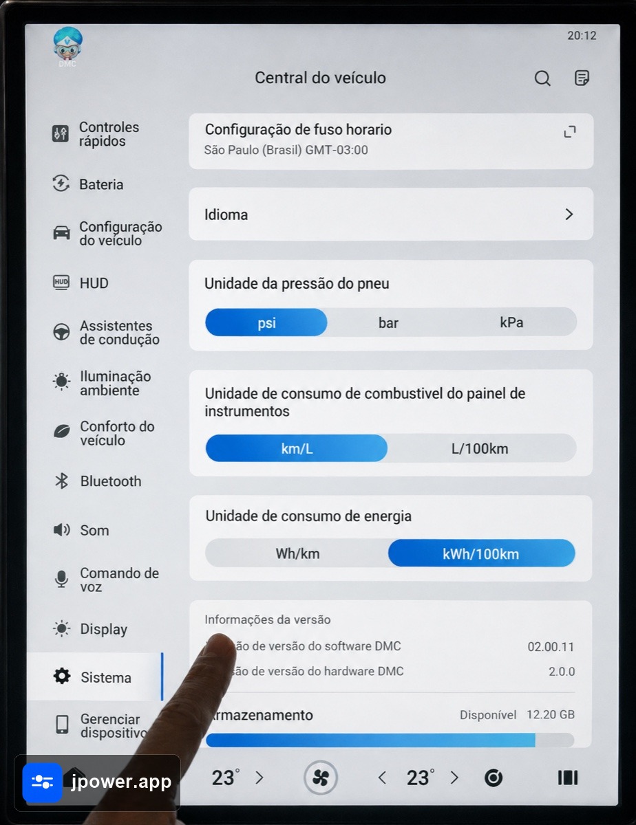 Tela da central com Informações da versão indicada