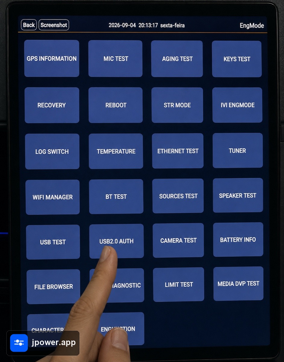 Menu de engenharia com a opção USB2.0 AUTH indicada
