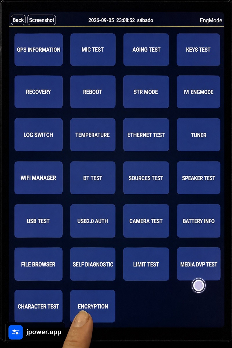 Menu de engenharia com o botão ENCRYPTION indicado